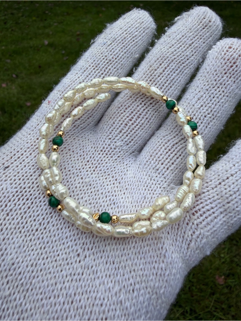 14K Gold Accent Freshwater Pearl Malachite 3-Row Coil Memory Wire Wrap Bracelet